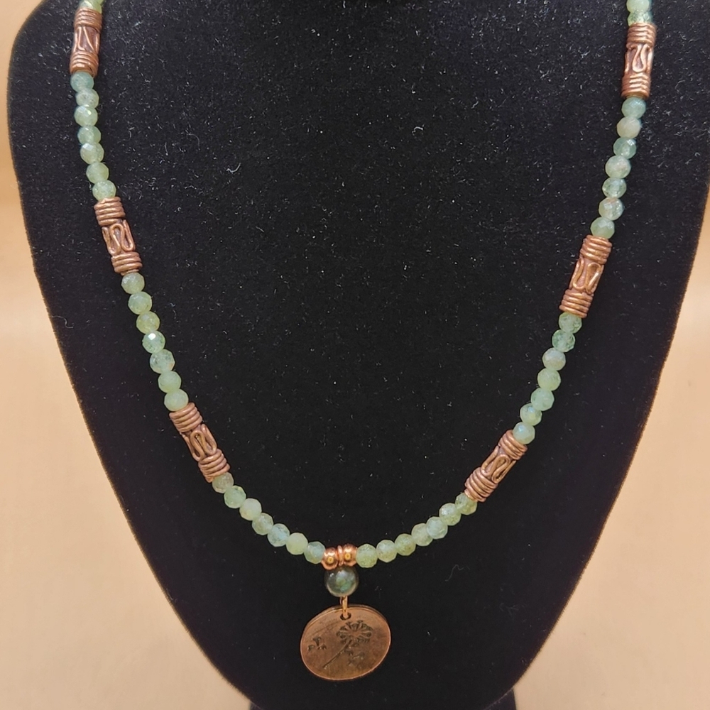 Faceted Green Apatite, Copper Tube Beads and A Copper Plated Dandelion Pendant